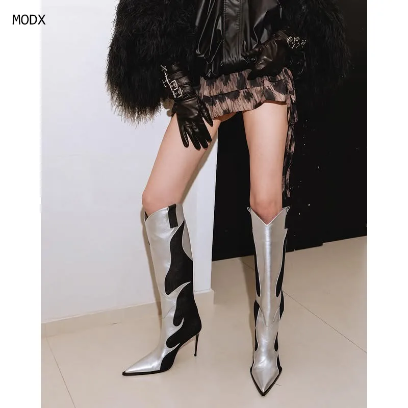

2025 женские высокие сапоги, серебристые сапоги до колена с острым носком для женщин, пикантная обувь для вечеринок на высоком каблуке, женские туфли на шпильке Botas 44