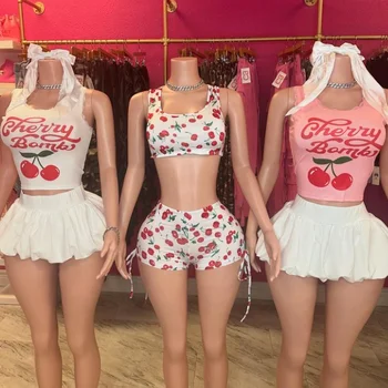 חמוד מכתב טנק העליון חצאית מיני להגדיר בועת צ 'רי סקסית 2 סט נשים ללבוש מועדון נשים
