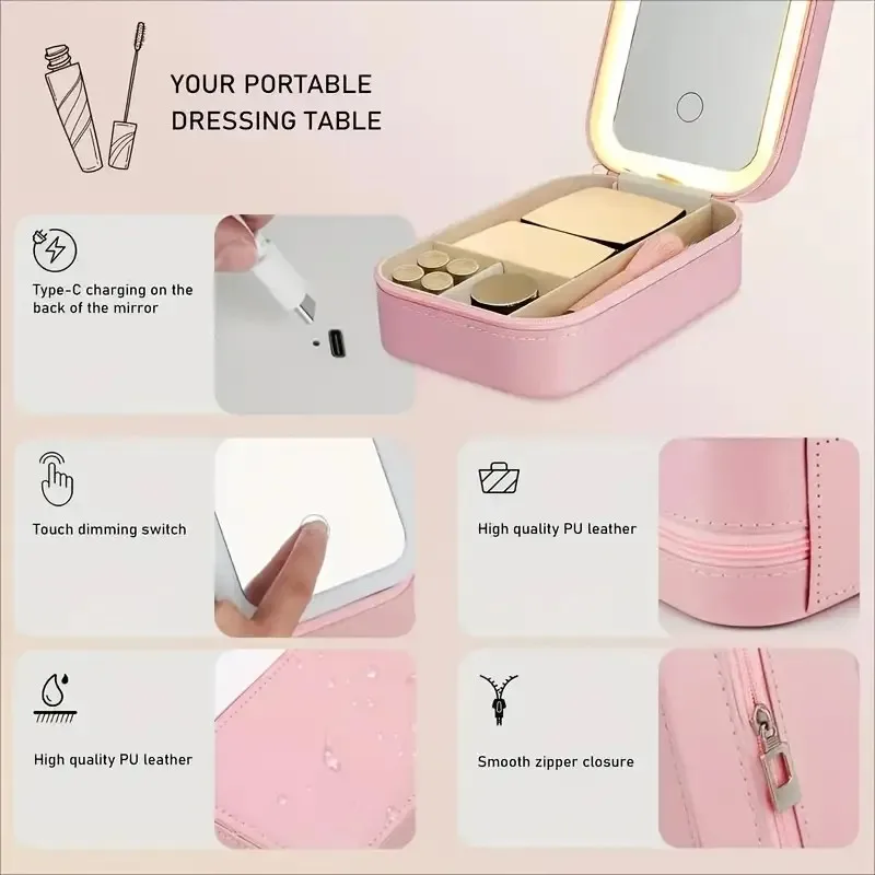 Specchio per trucco portatile a LED con ricarica USB: organizer cosmetico da viaggio compatto in ecopelle rosa, ideale per studenti, gioiello
