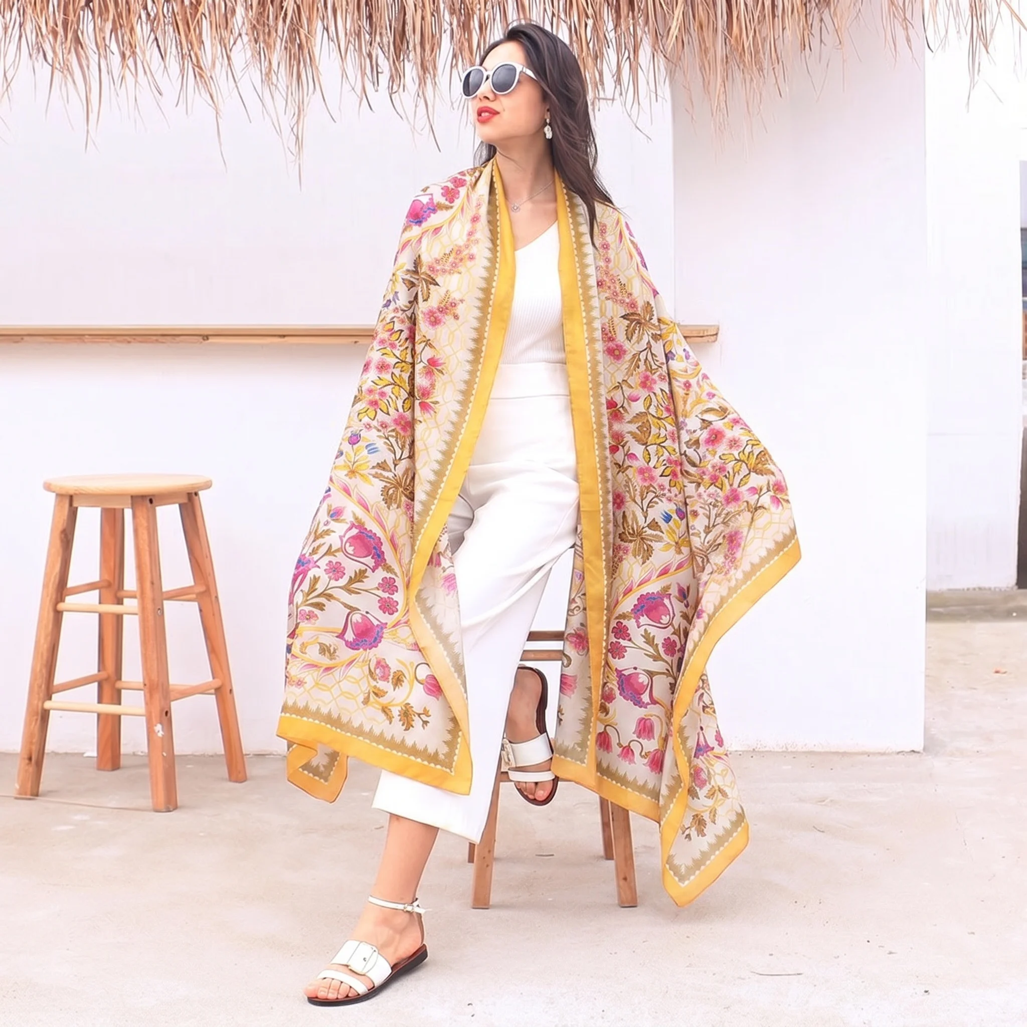 230*110cm Luxury Floral Print Silk Scarf Women Yellow Pink Bohemian Shawl Beach Wrap Headscarf Hijab Large Bandana for Vacation view 3