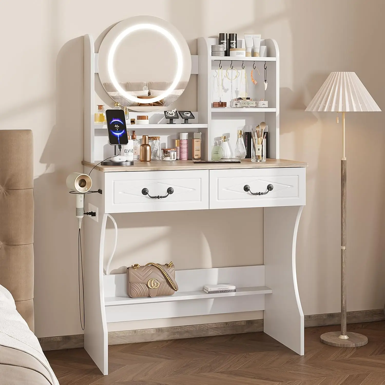 Vabches Vanity Desk with Mirror and Lights, Makeup Vanity Desk with Charging Station, 3 Lighting Modes & Adjustable Brightness