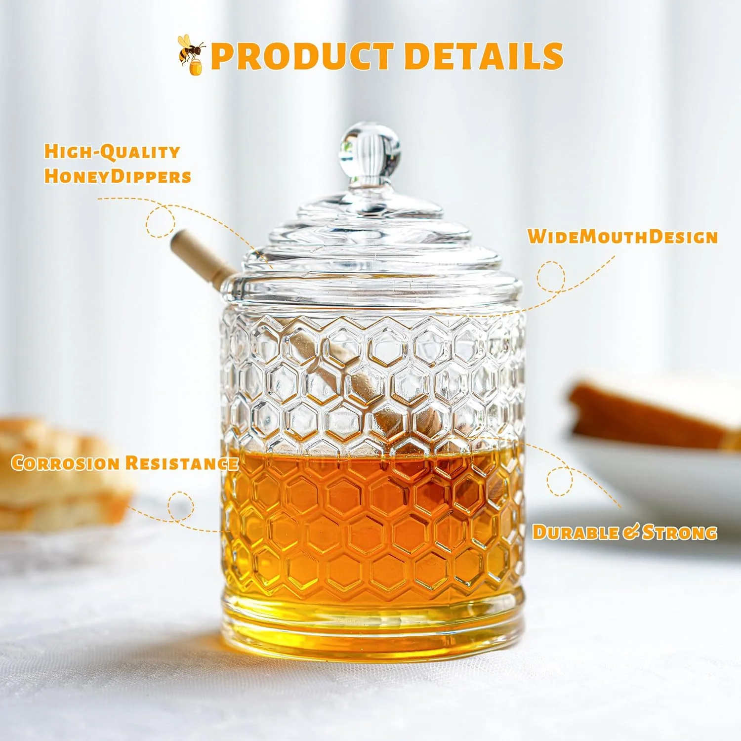 Clear Crystal Honey Pot with Dipper and Lid,Glass Honey Jar with Dispenser, Glass Honey and Syrup Container for Home Kitchen