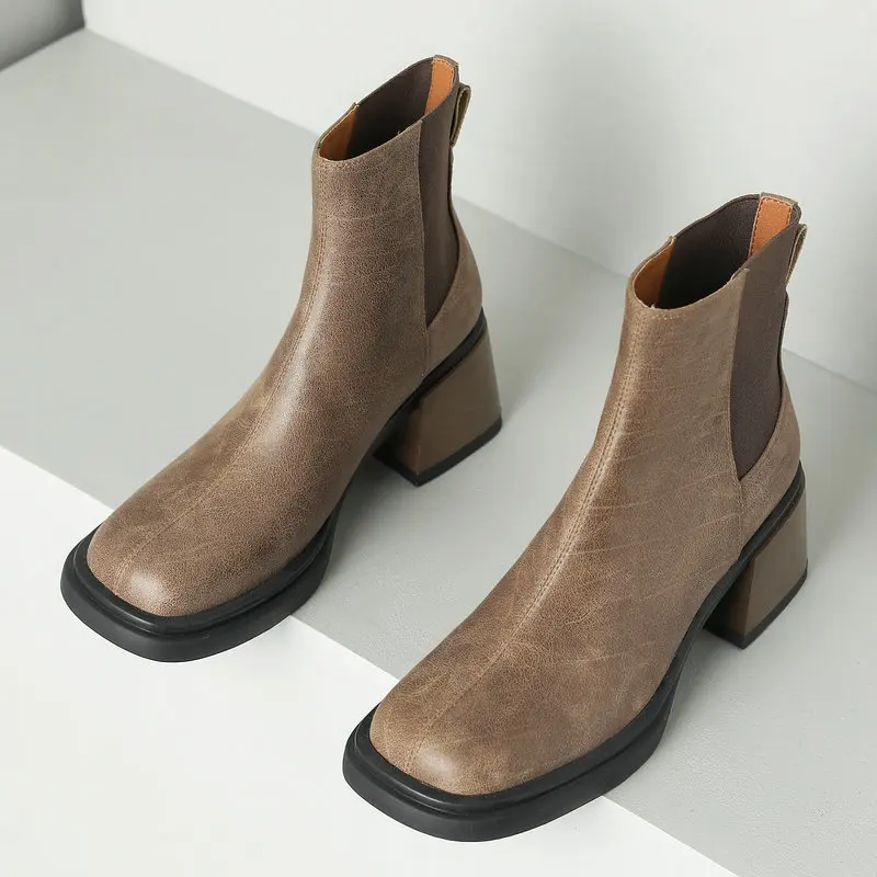 

Women Ankle Boots Thick High Heels Square Toe Office Lady Shoes Woman Elegant Genuine Leather Autumn Winter