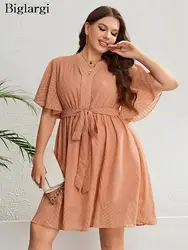 Vestido Midi de verano de talla grande para Mujer, ropa informal holgada con cuello de pico, color rosa, 2023