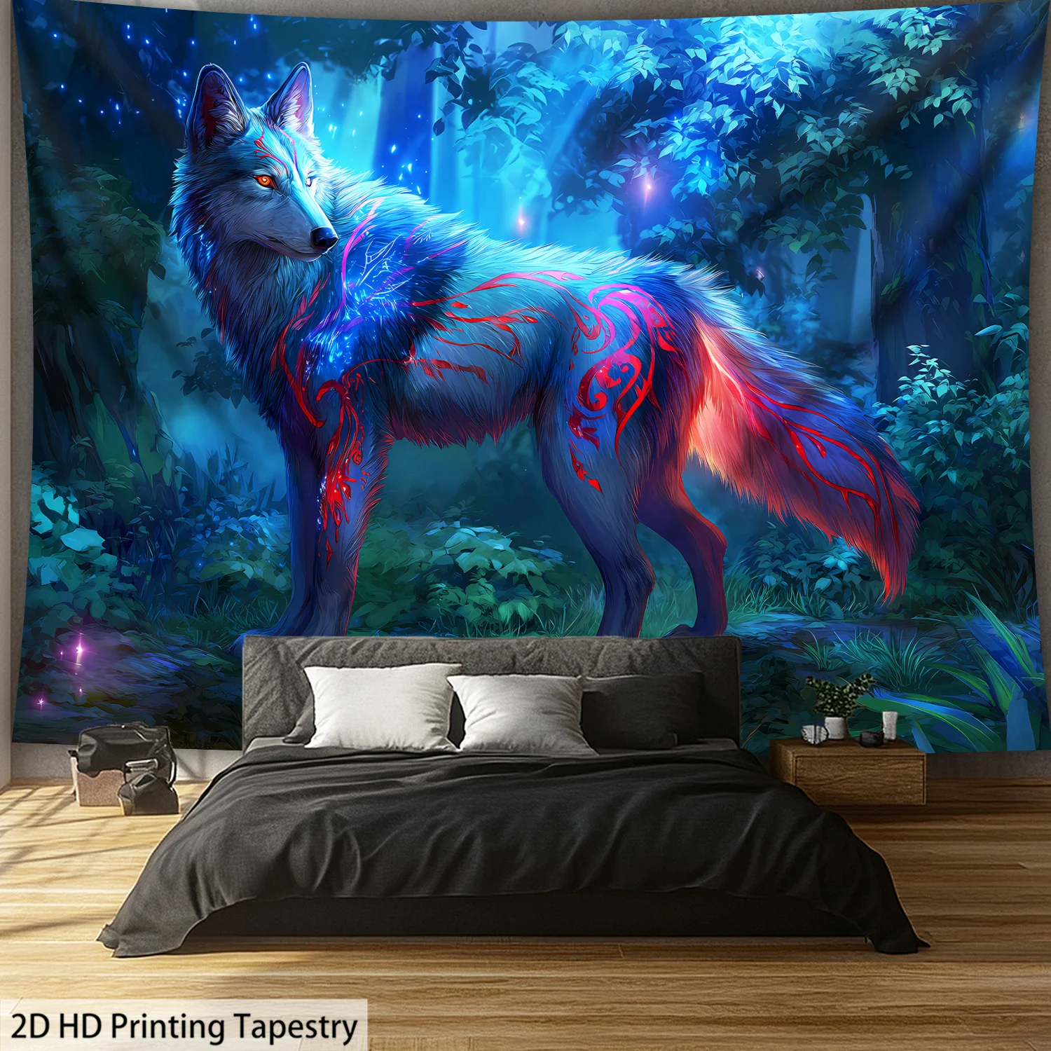 نسيج VIKAMA عالي الدقة: غابة ممتعة وولف أزرق وأرجواني متدرج جدار الفن الغامض ديكور الغرفة موضوع #3