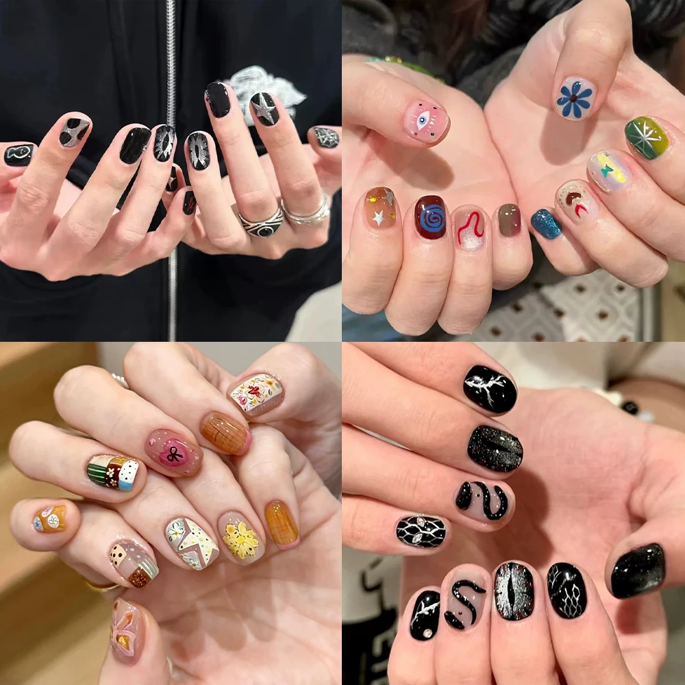 

Y2K Sweet Cool Short Square Ruond Hand Painted Handmade Reusable Press On Nails Colorful Cats Eye Flowers Stars Pearl Fake Nails