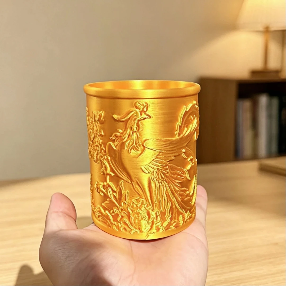 New Chinese style phoenix relief pencil holder, Oriental desktop office stationery organizer, vintage Chinese craft gift