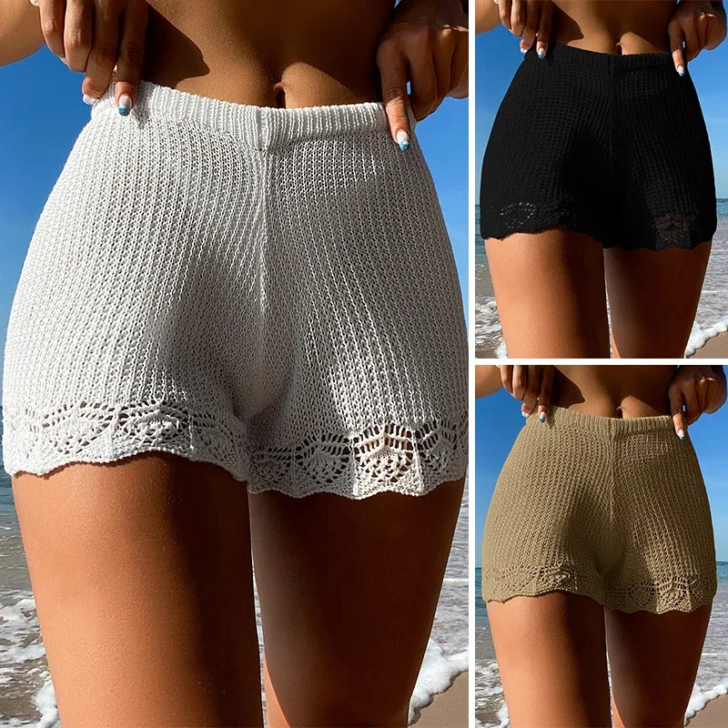 

Bonny Fashion Style Knitting Hollow Out Beachwear Cover Up Shorts Women's Solid Color Texture Beach Vacation Sunscreen Shorts