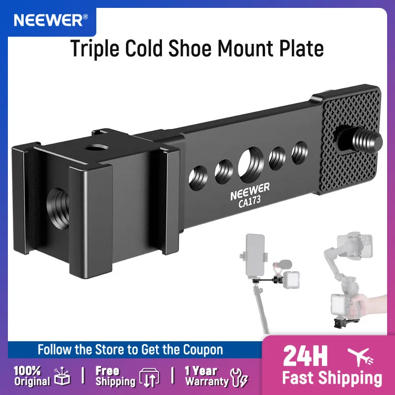NEEWER Triple Cold Shoe Mount Plate for Mic LED Light, Metal Extension Bracket Microphone Stand Rig 1/4