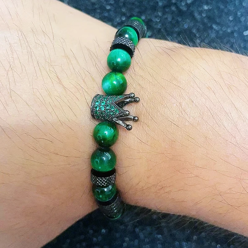 Luxury Natural Tiger Stone Beads Crown Charms Man Bracelet Women Hand Stainless Steel Jewelry Gift