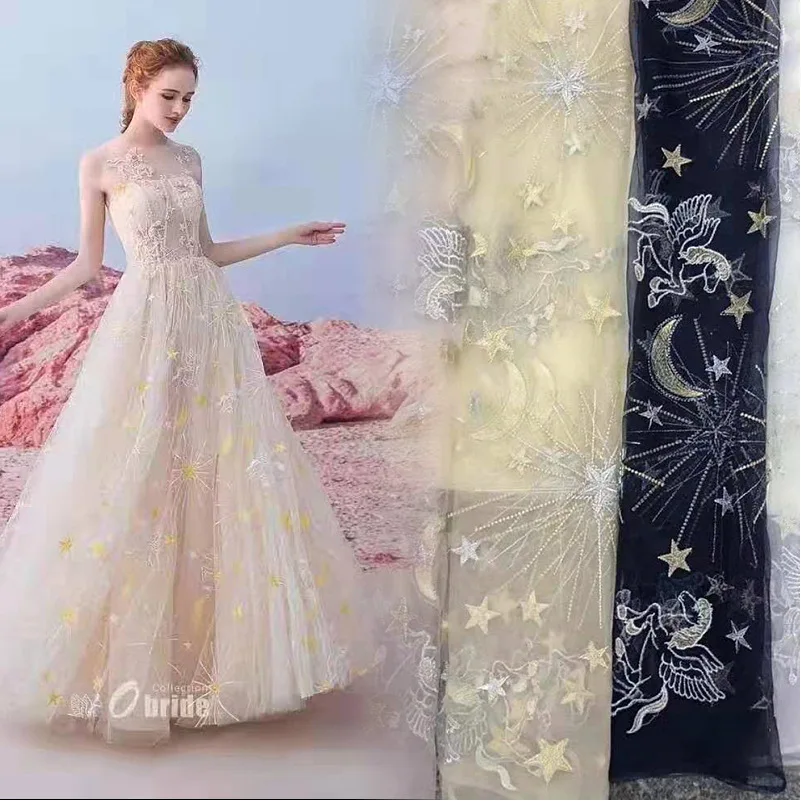 

1yard Star Horse Moon With Gold Silver Thread tulle Mesh African French Lace Fabric In Blue/black/white For Bridal Gowns