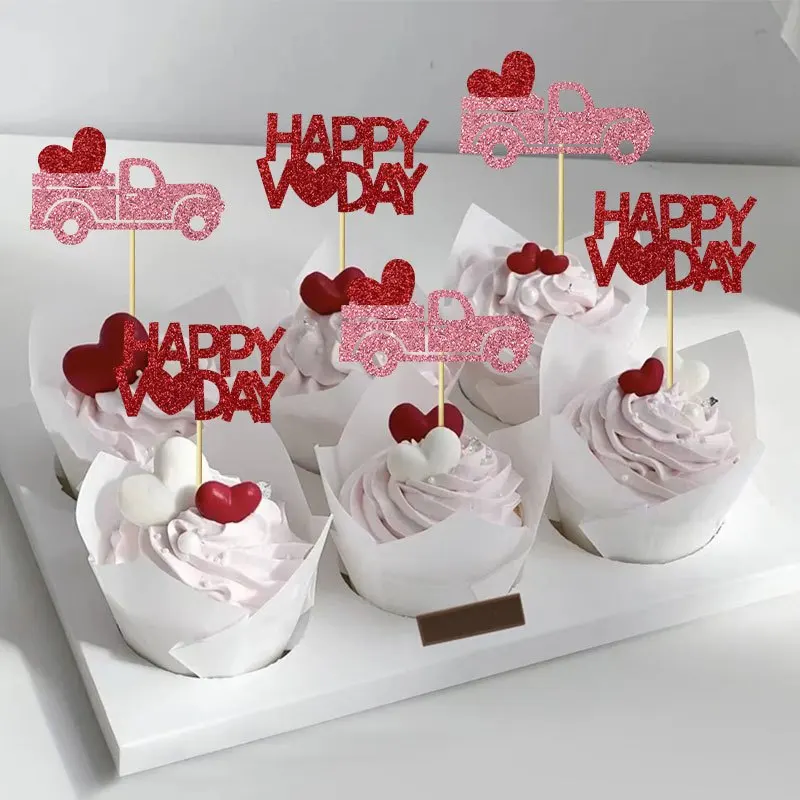 12/24PCS Romantische Kuchen Topper Goldene Rote Glitter Flaggen Holz Sticks Einfach Verwenden Valentinstag Jahrestag Hochzeit Party Kuchen decor