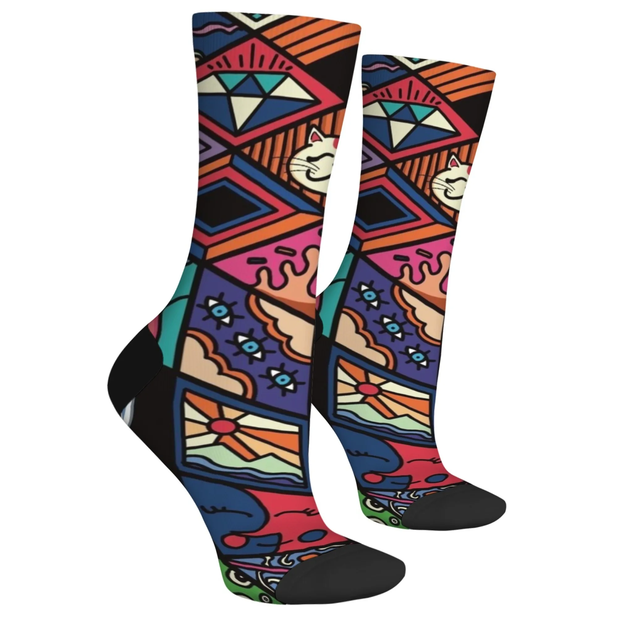 Calcetines de expresión artística: diseños intrincados de corazón de donut de gato y conejito, estilo elevado con patrones únicos y cautivadores