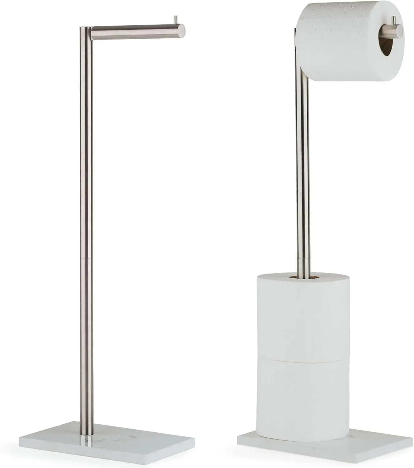 

Free Standing Brushed Nickel Toilet Paper Holder Stand White Marble Base and Storage | 4 Jumbo Roll Bathroom Hardwa