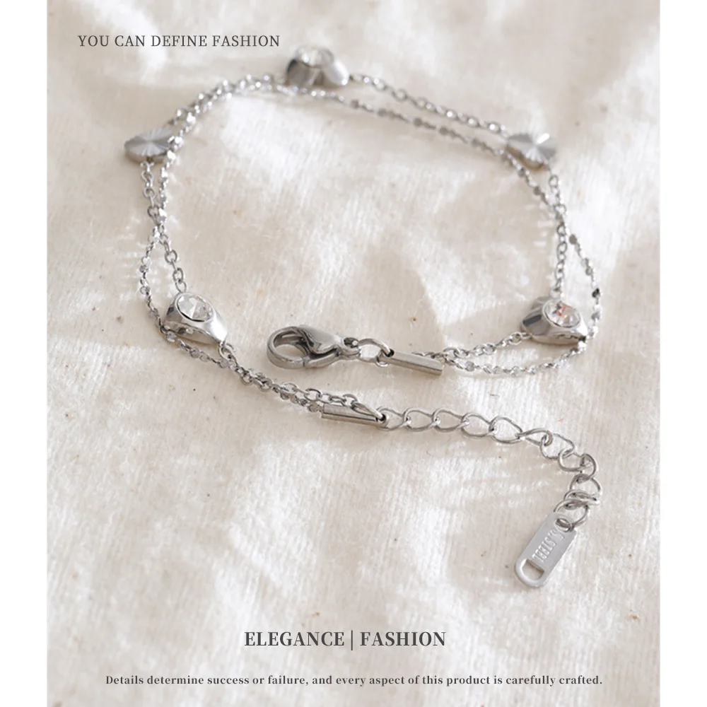 NiNice Stainless Steel Cubic Zirconia Heart Double-Layer Chain Bracelet Bangle Fashion Charm Wrist Jewelry Recommend