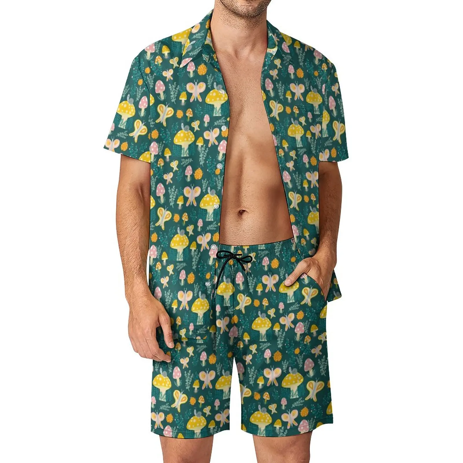 Magic Mushroom Beach Men Sets Cute Butterflies Snails Casual Shirt Set Summer Pattern Shorts 2 Piece Hawaiian Suit Large Size