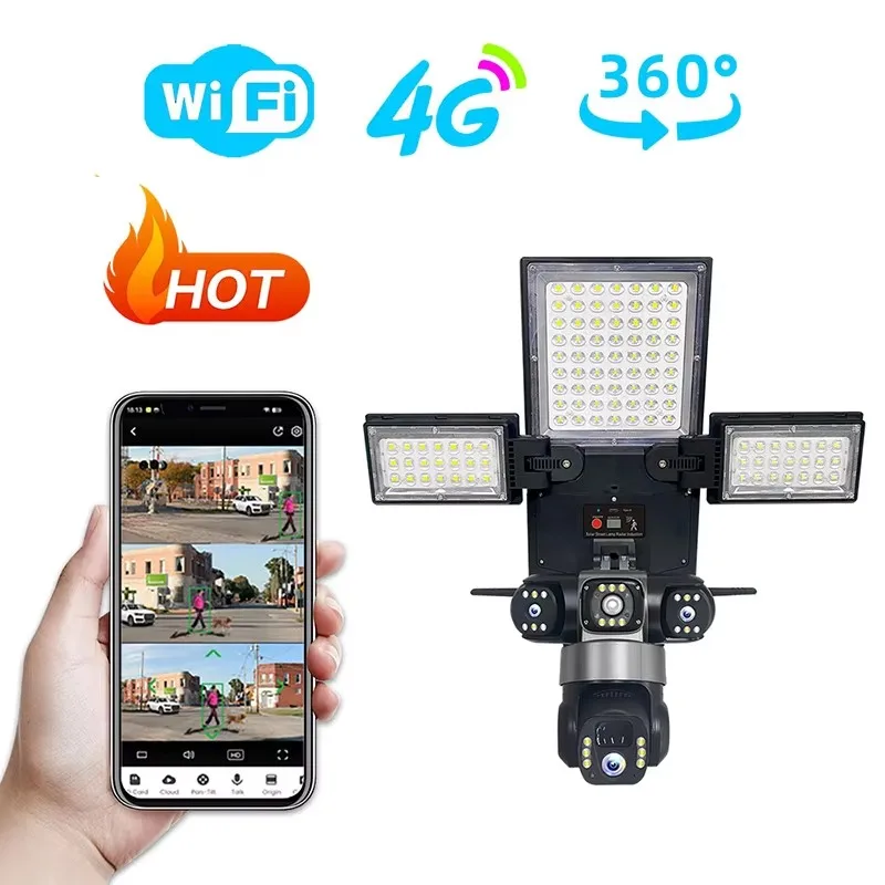 4G WiFi Solar PTZ Security Camera, 3‑Lens 3‑View 6MP HD Surveillance Camera, Solar‑Powered, Night Vision, Two‑Way Audio, IP66