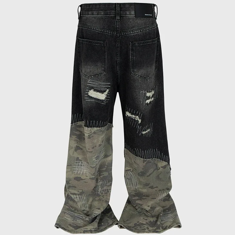 Camuflagem retalhos jeans vintage rasgado emenda azul queimado calças jeans homens streetwear hip hop azul baggy calças jeans