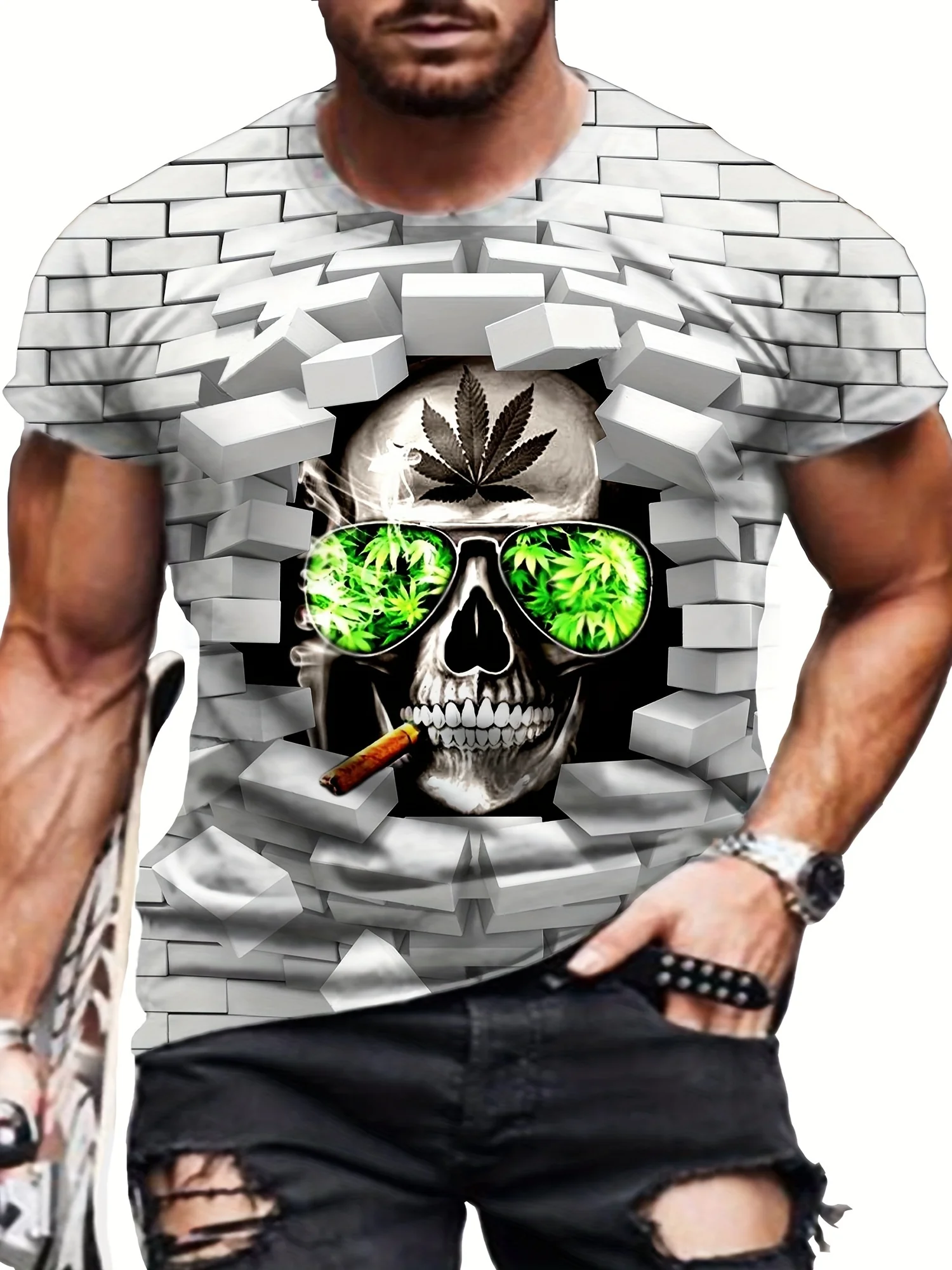 

Skull Head With Sunglasses 3D Comic Print Men's Plus Size Short Sleeve tee