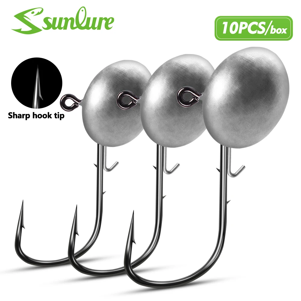 Sunlure 10PCS/Box Oval Lead Jig Head Hooks Double Barbs Sharp Barbed Worm Hooks Soft Lure Hooks Saltwater Bass Fishing Tackle