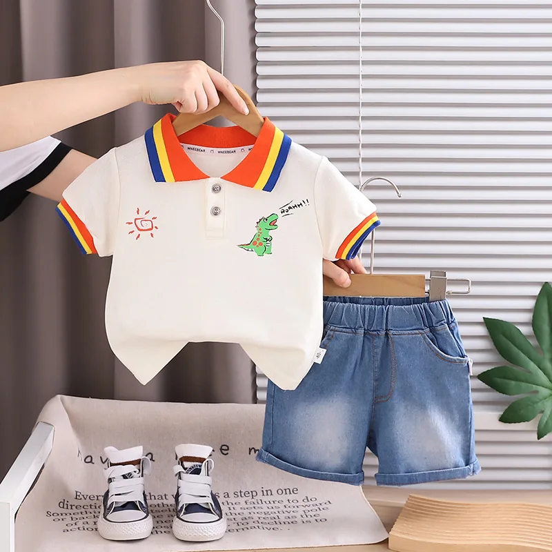 Toddler Summer Outfits 2026 New Baby Boy Suit for 2 To 3 Years Old Rainbow Collar Polo Shirt and Dinosaur Print Denim Shorts Set