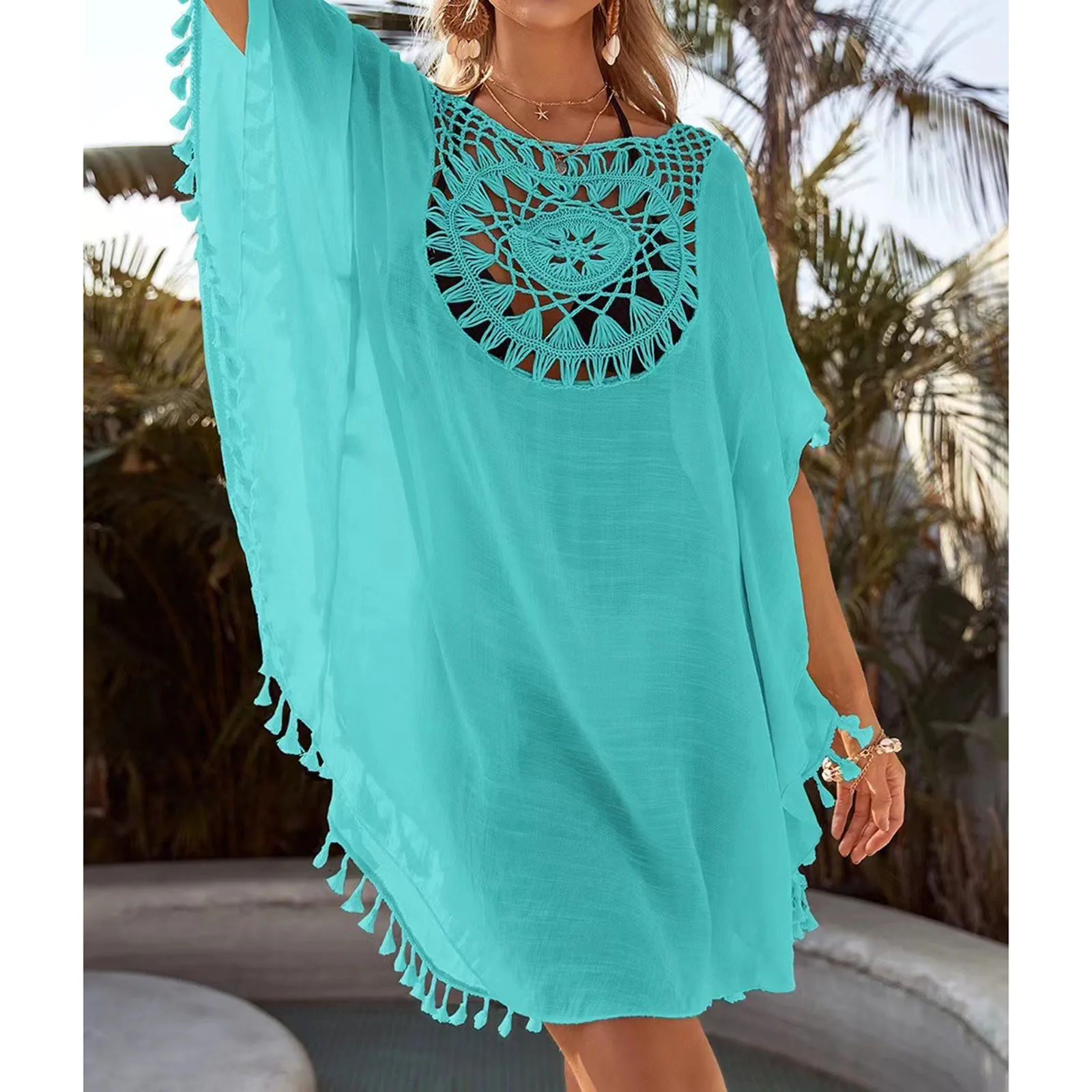 Seksowna luźna modna bawełniana lniana sukienka plażowa Zwykły kolor Bikini Cover UP Strój kąpielowy Hollow Out Casual Vacation Dress Robe De Plage