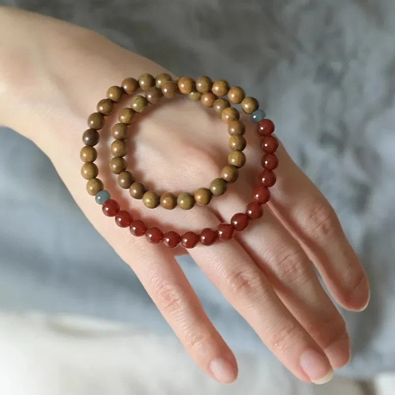 Iced Watermelon Green Sandalwood Ice Transparent Agate 6m Double Ring Bracelet Wooden Bracelet Cool Elegant Literary
