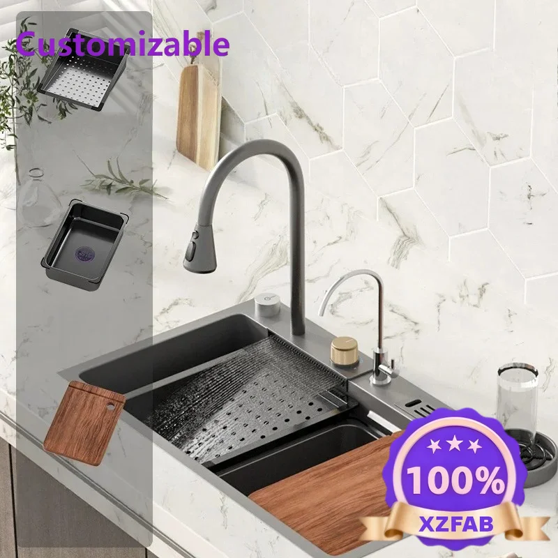 Factory Direct 2026 High Quality Kitchen Sink With Faucet Stainless Steel Large Single Slot Gun Grey Left Drain Wash Basin With