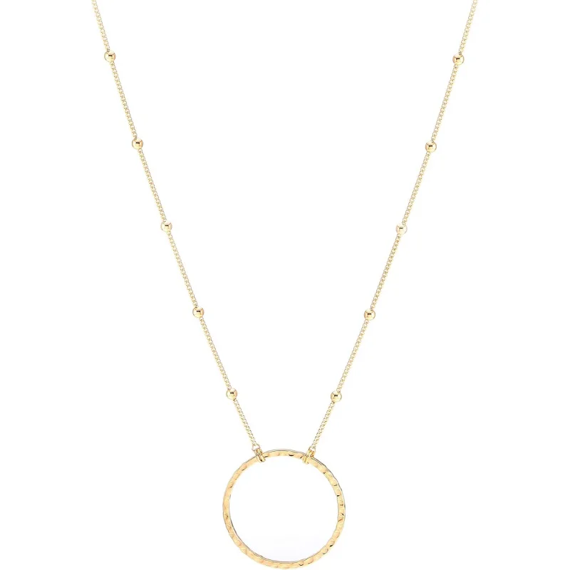 

For the Fashion - Forward: 18K Gold - Plated Circle Pendant Necklace with a long satellite beaded chain. The hammered open.