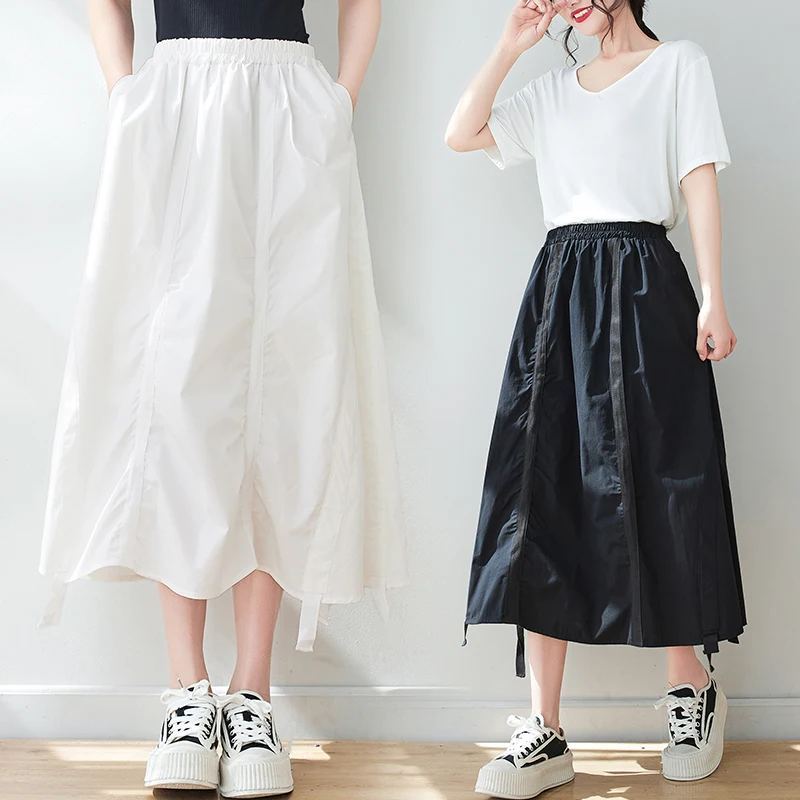 

Loose Large Size Women's Summer Japanese Sle Anti-Aging Skirt Asymmetrical Hem Ribbon Bowed Midi Skirt Trendy f-length