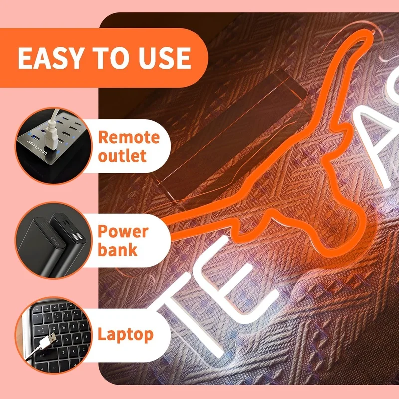 Orange Cow Head Neon Signs for TEXAS Longhorn - Dimmable Neon Light Sign, USB Powered Hanging Football Neon for Game Room