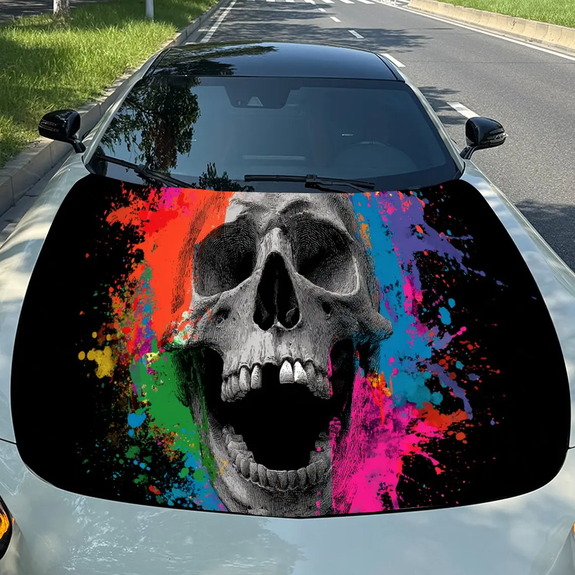 Colorful Splatter Skull PVC Car Hood Wraps, Self-Adhesive Waterproof Car Bonnet Decal Sticker, Car Decoration Protection Sticker