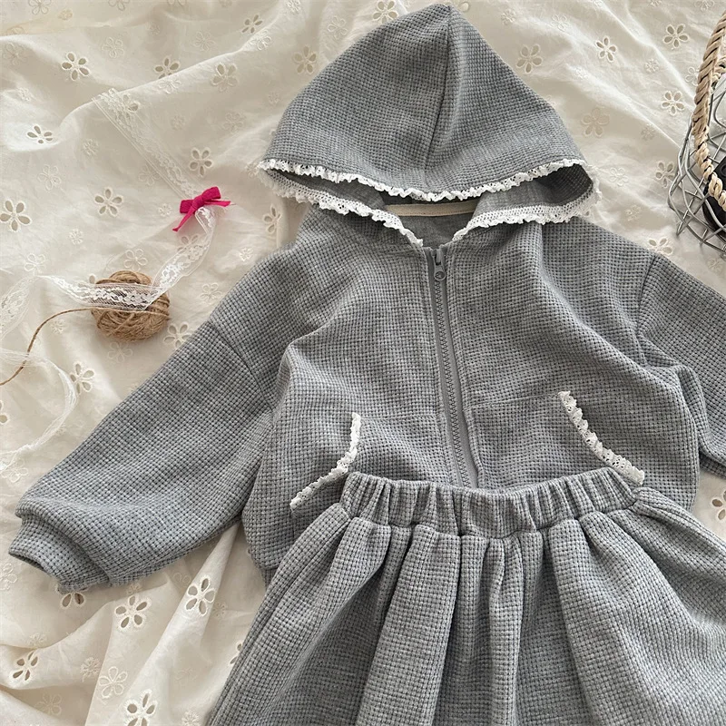 Spring and Autumn New Products Children's Hooded Sweater Lace Set Girls' Foreign Waffle Jacket Skirt 2 pieces