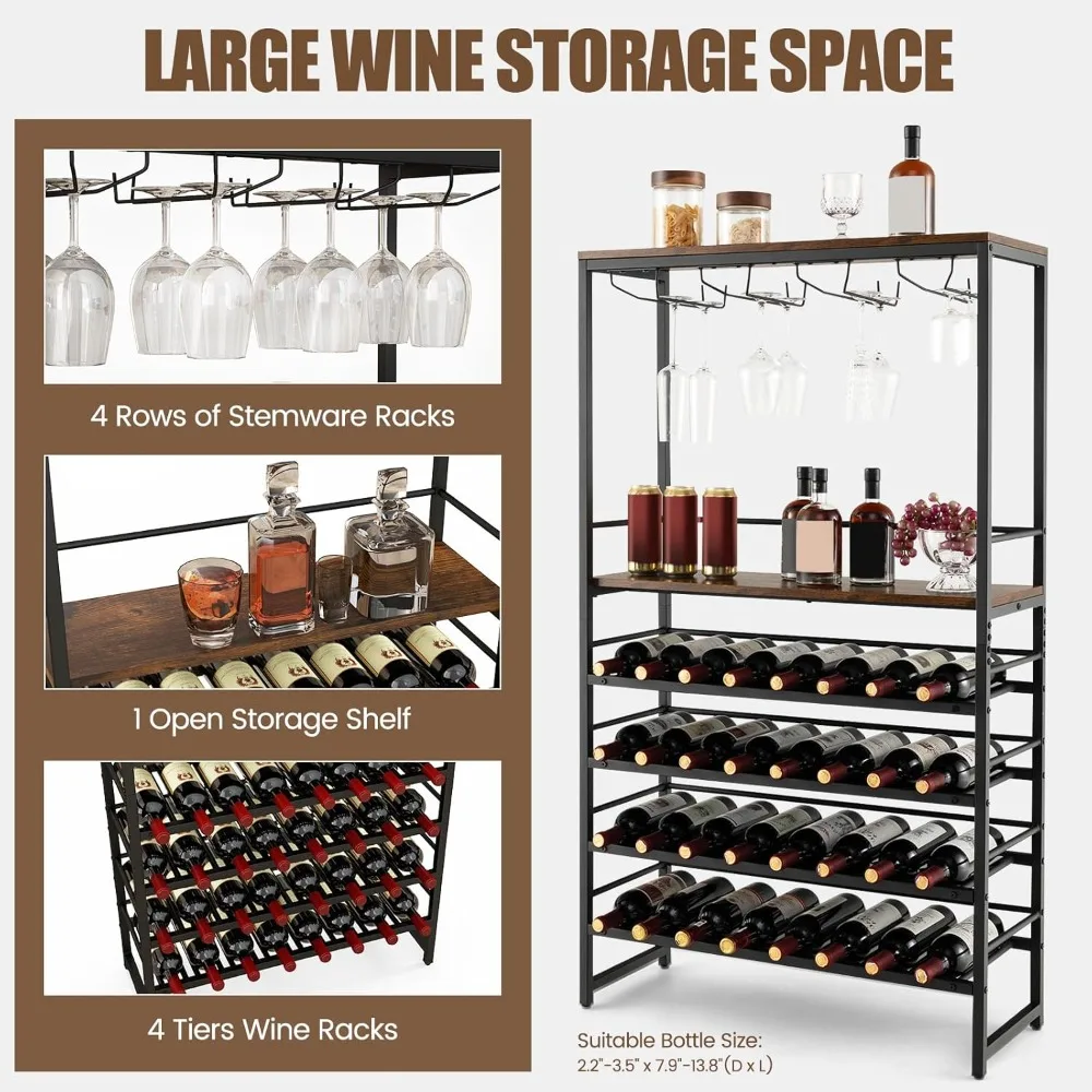 Multi-tier Wine Rack for 32 Bottles and 16 Glasses, Storage and Stemware Holder, Functional Wine Display Stand