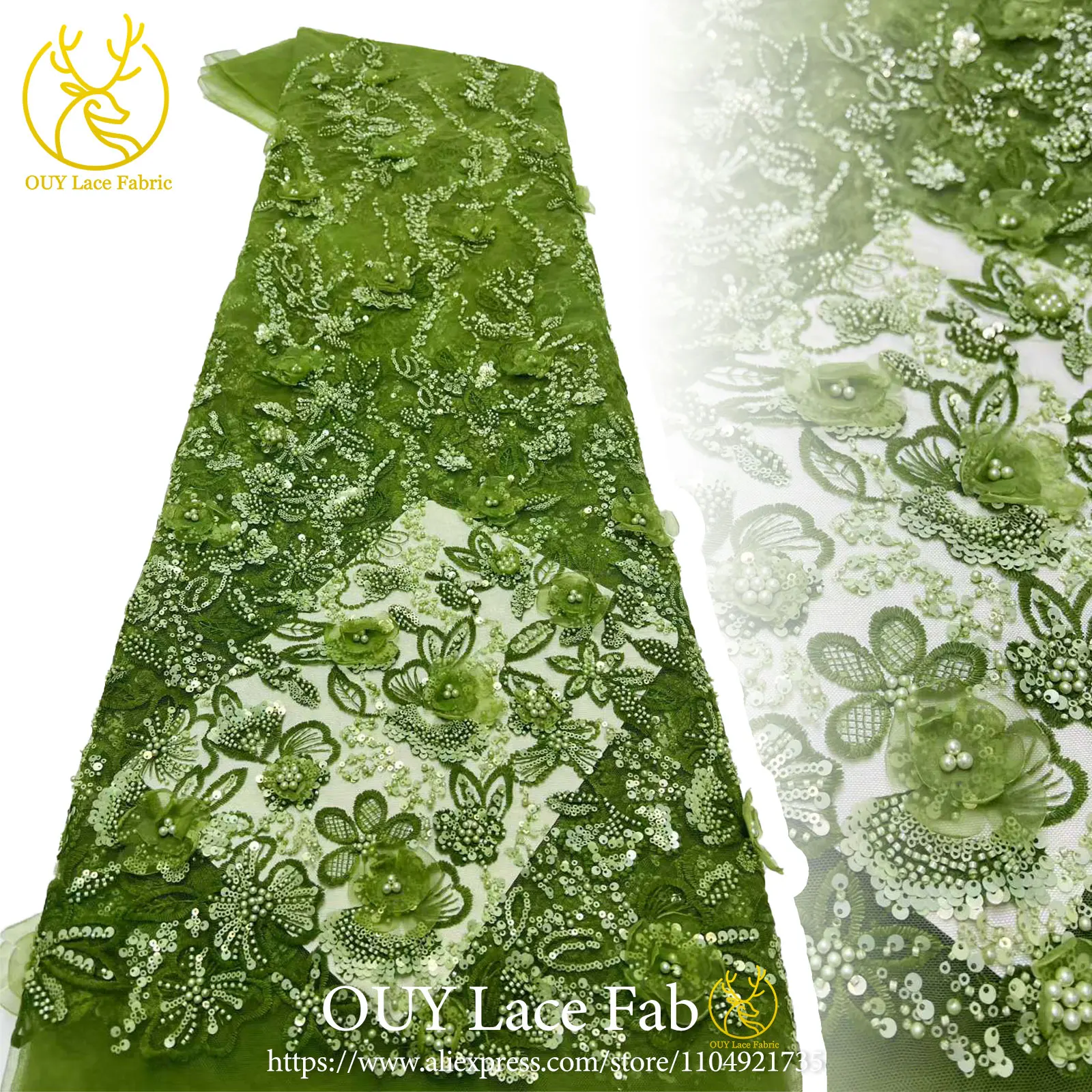 럭셔리 아프리카 스팽글 비즈 레이스 원단 2026 프리미엄 품질 그린 프랑스-나이지리아 자수 레이스 원단 파티 드레스 5야드