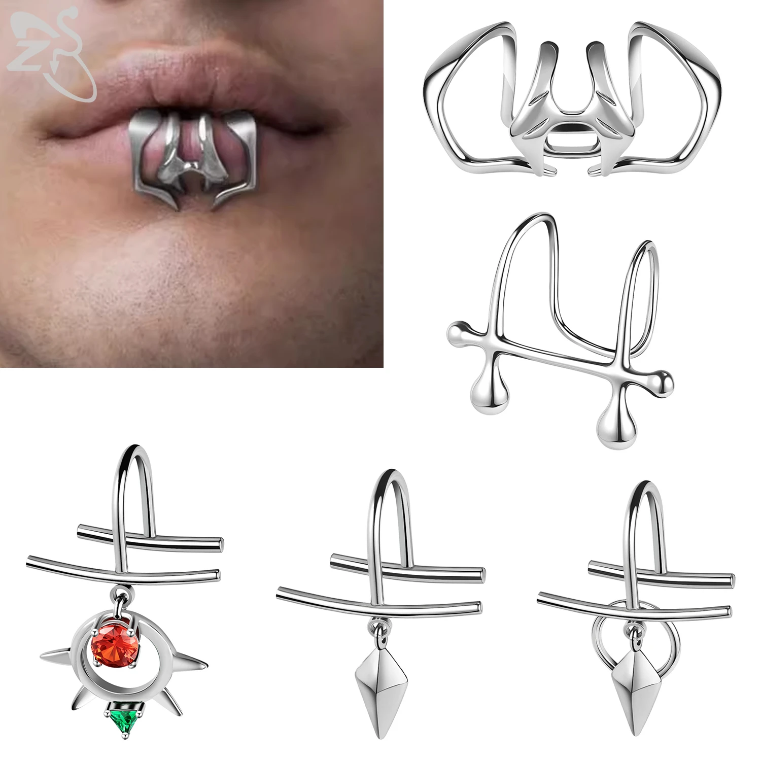 ZS 1 Piece Cyberpunk Style Stainless Steel Fake Lip Labret Piercing Faux Lips Clip Y2k Punk Non-Piercing Body Piercing Jewelry