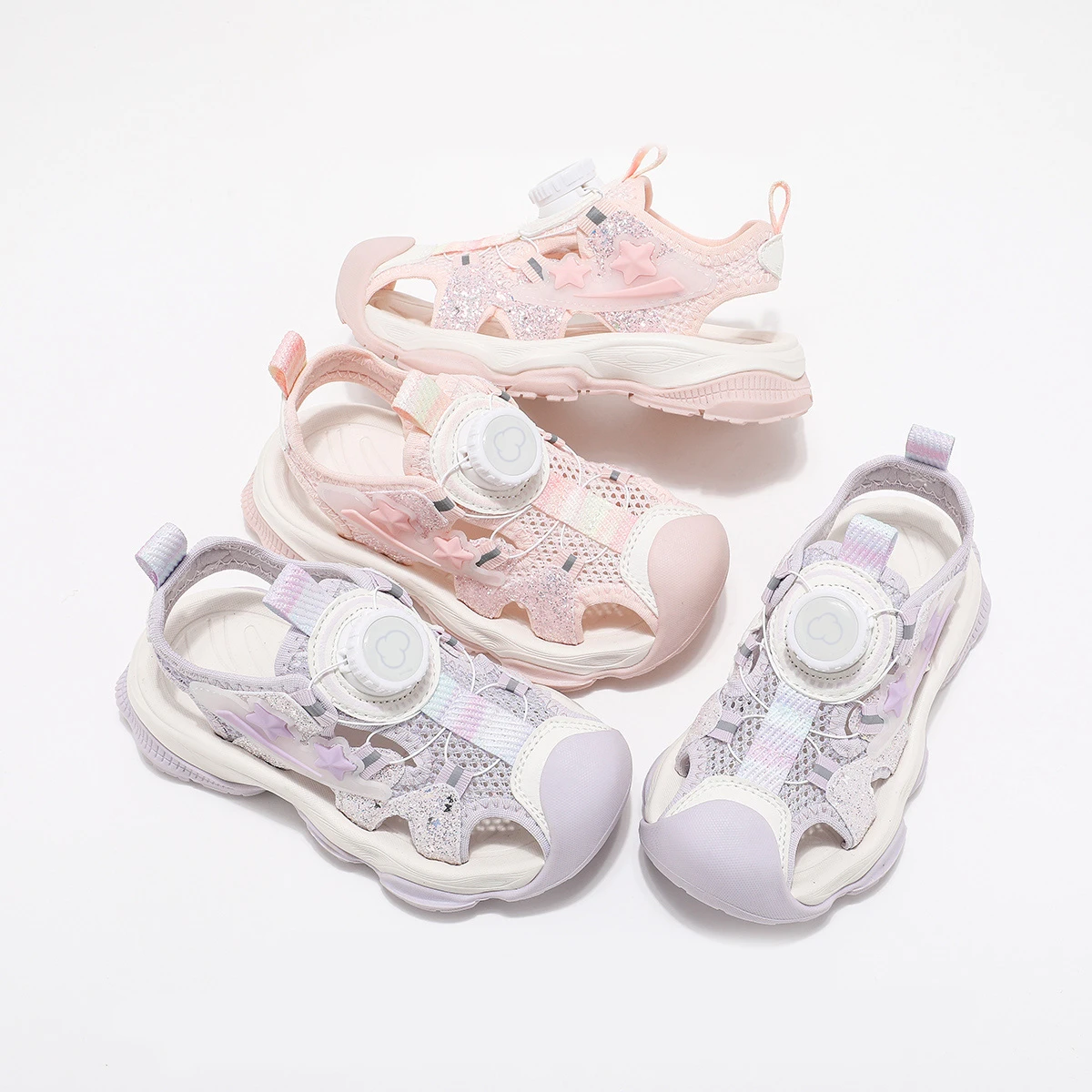 

Girls Sports Sandals Toes Capped Soft Sole Children Running Shoes Rotating Button 2025 Summer Kids Casual Shoes Non-slip Comfort
