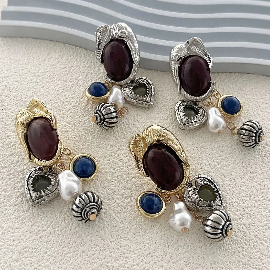 Zvoijio Retro Imitation Pearl Round Geometric Tassel Pendant Earrings