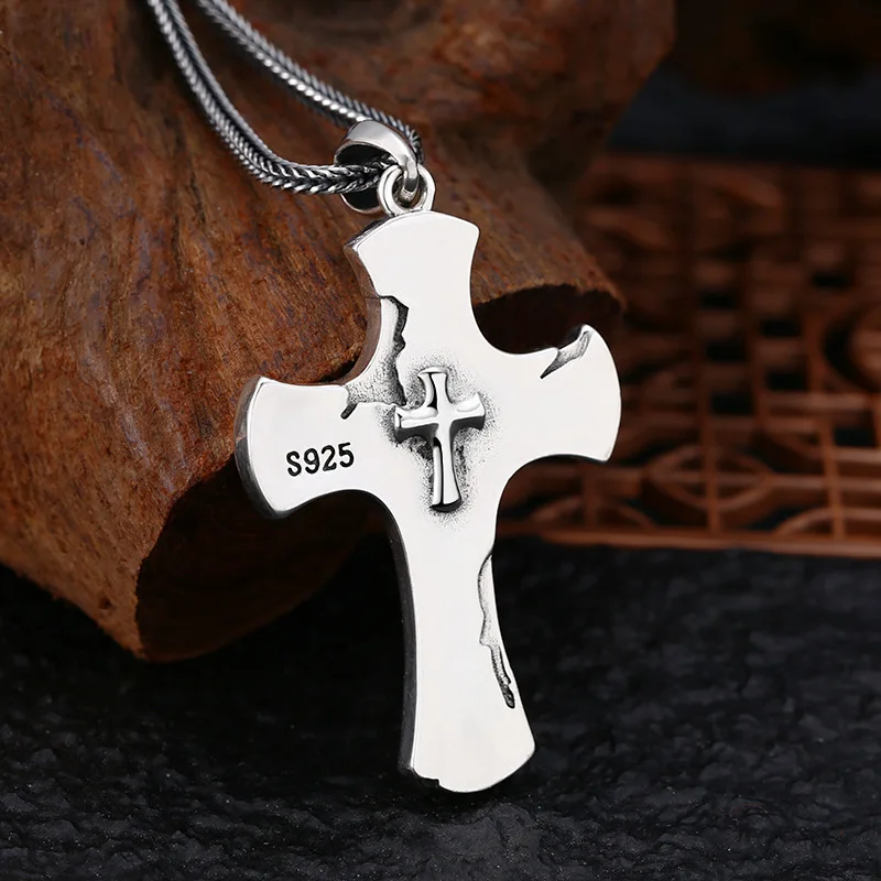 Men's Heavy Duty Gothic Cross Necklace - 925 Sterling Silver Antique Black Oxidized Chunky Pendant Chain