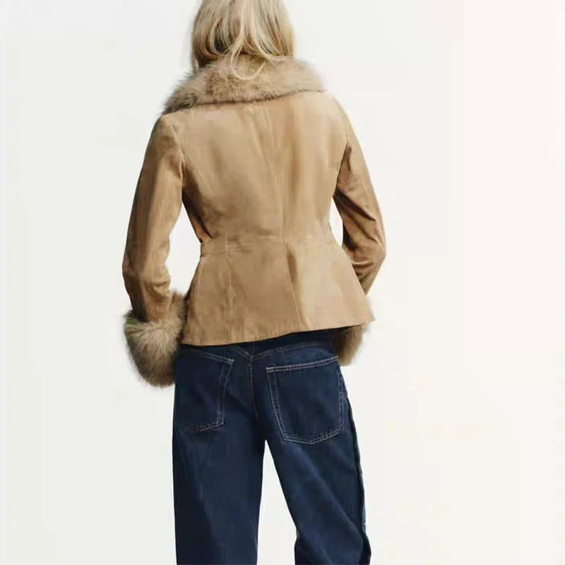 Autumn New Arrival Women's Leather Suit Jacket Removable Fur Collar Suede Fabric Casual Style Long Sleeve Standard Fit