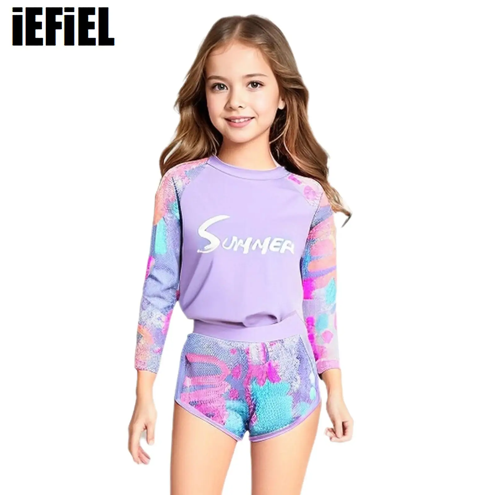 

3Pcs Kids Girls Tie-dye Print Swimsuit Long Sleeve Top Shorts And Pants Swimwear Pool Beach Sun Protection Rash Guard Set