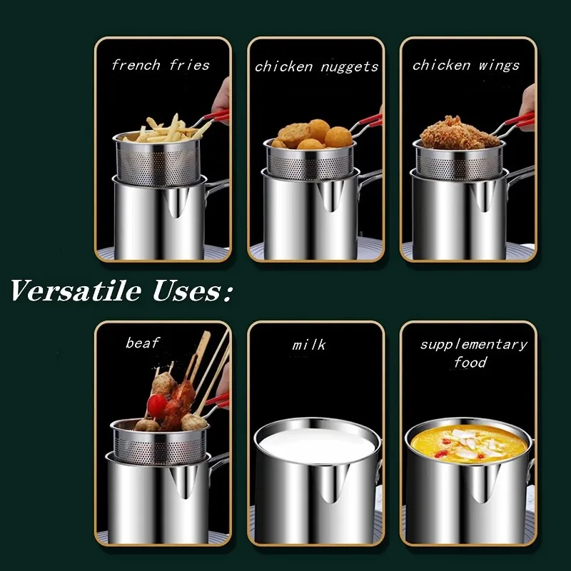 1 Pair Deep Frying Pot Kitchen Fryer With Strainer Stainless Steel Tempura Fryer Pan Fry Pot Chicken Fried Chicken Cooking Tools