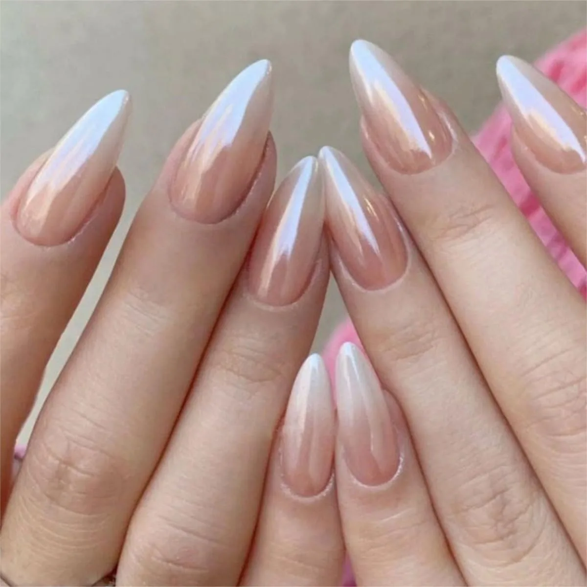 

Almond Press on Nails Medium Glossy Full Cover Acrylic Fake Nails with Chrome Design for Women Manicure 24Pcs