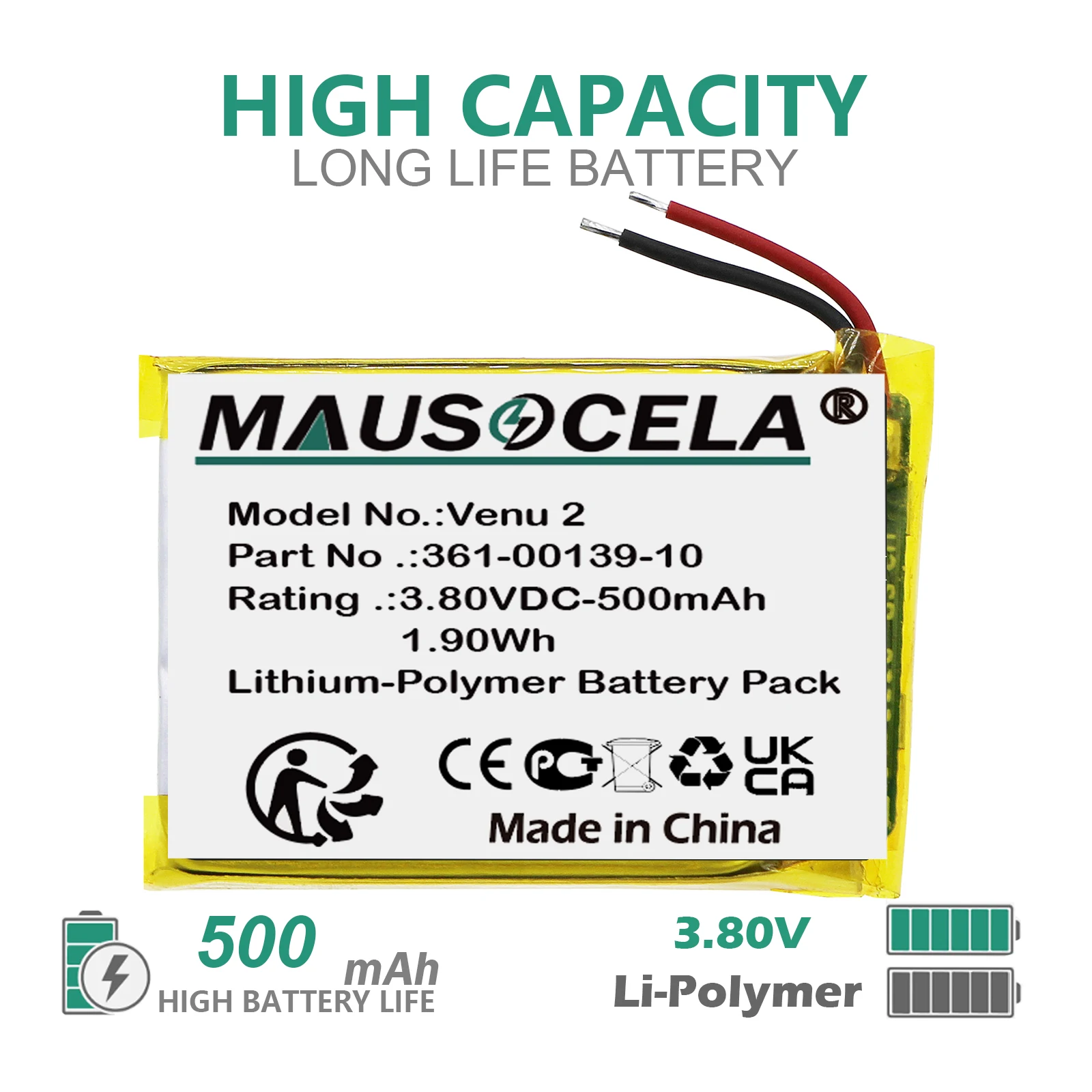 

500mAh Smartwatch Battery For Garmin:361-00139-10,Venu 2+Toolkit , Li-Polymer--3.80V--500mAh/1.90Wh