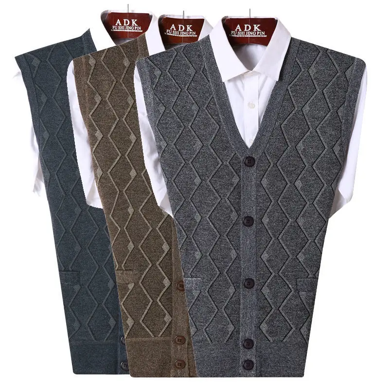 

2024 Autumn Winter Men Warm Striped Sweater Vest Male Button Pockets Casual Waistcoat Mens V-neck Knit Cardigan Tank Top D753