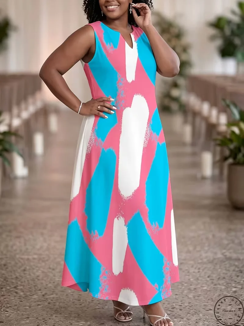 Geometry Pattern Elegant Women Long Dresses Summer Sleeveless Loose Maxi Dress Casual 3D Floral Print Party Dress Robe Sundress