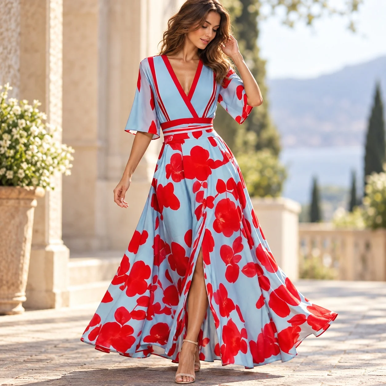 Single Printed Dress with Mid Waist Refined Commuter V Neck Elegant and Refined Three Quarter Sleeve Autumn a Line Women Dress