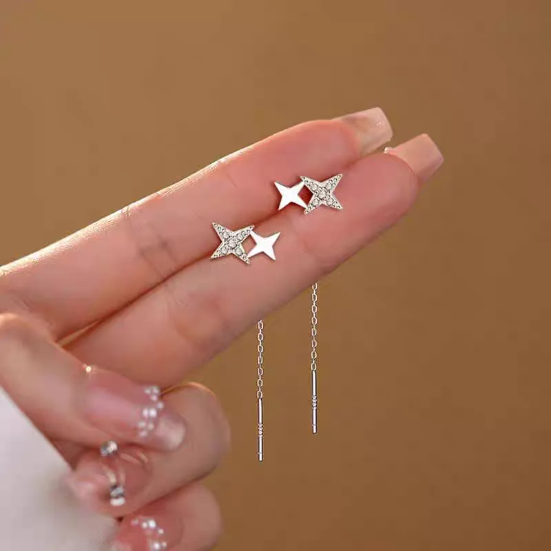 

Серебро 925, четырехконечная звезда, проволока для ушей, корейская версия, модный простой геометрический цирконий, подарок для девочек, элегантные украшения для женщин