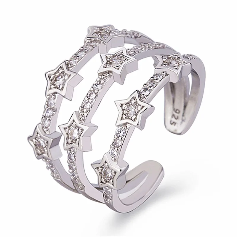 925 Sterling Silver Women's Simple White Diamond Star Ring with Diamond and Zircon Jewelry Adjustable Ring