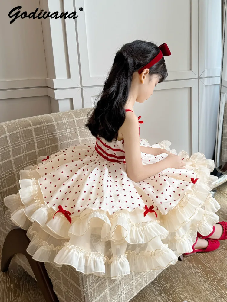 Sweet Baby Girls Heavy Slip Princess Dress 2026 Summer New Childrens Cute Red Bow Polka Dot Mesh Ruffle Trim Dopamine Ball Gown